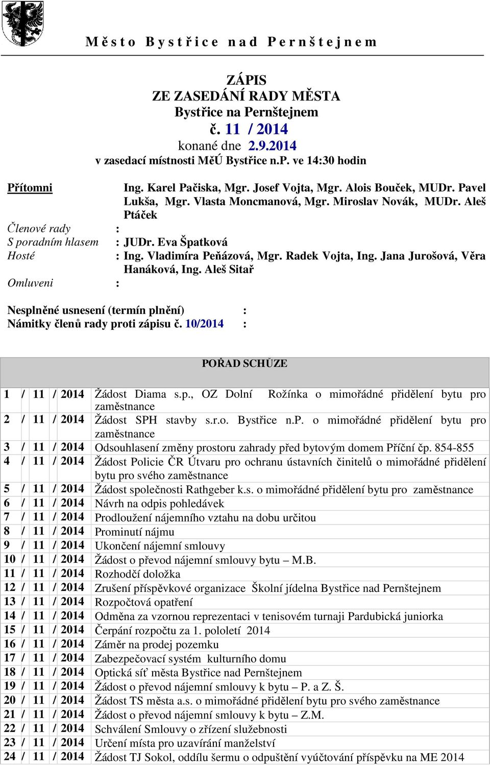 Aleš Ptáček Členové rady : S poradním hlasem : JUDr. Eva Špatková Hosté : Ing. Vladimíra Peňázová, Mgr. Radek Vojta, Ing. Jana Jurošová, Věra Hanáková, Ing.