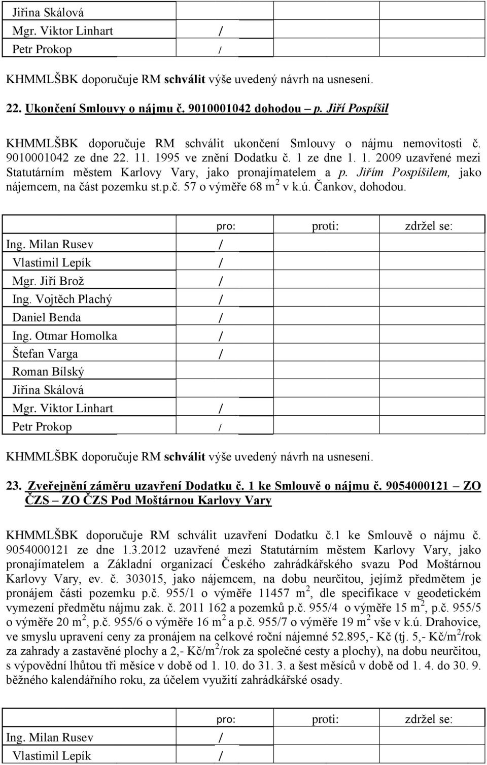 Čankov, dohodou. Ing. Milan Rusev Vlastimil Lepík Mgr. Jiří Brož Daniel Benda Štefan Varga Mgr. Viktor Linhart Petr Prokop 23. Zveřejnění záměru uzavření Dodatku č. 1 ke Smlouvě o nájmu č.