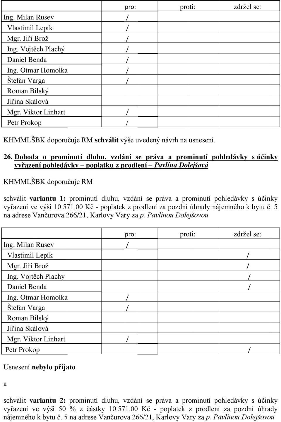 se práva a prominutí pohledávky s účinky vyřazení ve výši 10.571,00 Kč - poplatek z prodlení za pozdní úhrady nájemného k bytu č. 5 na adrese Vančurova 26621, Karlovy Vary za p.