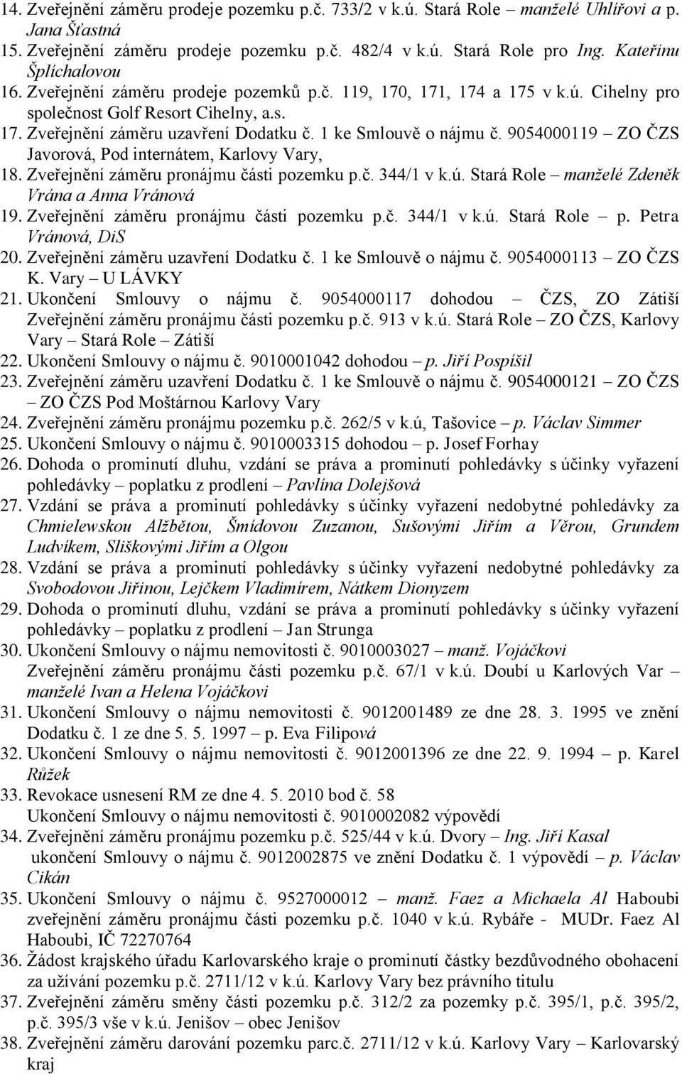 1 ke Smlouvě o nájmu č. 9054000119 ZO ČZS Javorová, Pod internátem, Karlovy Vary, 18. Zveřejnění záměru pronájmu části pozemku p.č. 3441 v k.ú. Stará Role manželé Zdeněk Vrána a Anna Vránová 19.