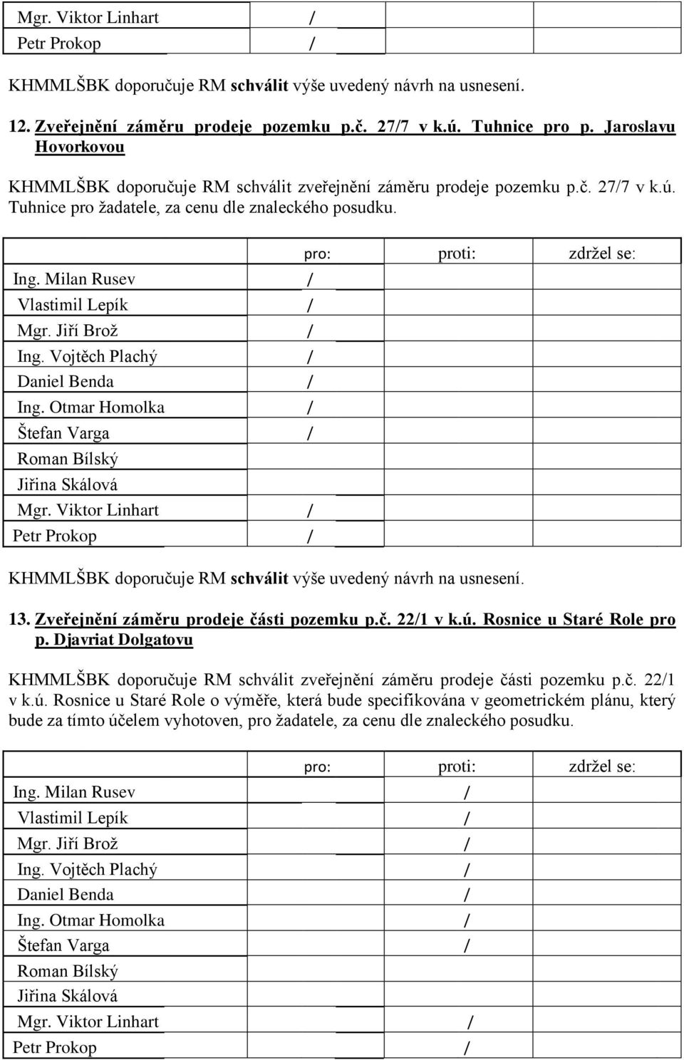 Djavriat Dolgatovu KHMMLŠBK doporučuje RM schválit zveřejnění záměru prodeje části pozemku p.č. 221 v k.ú.