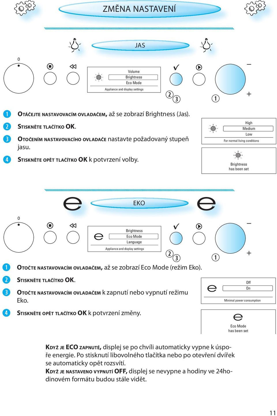 High Medium Low For normal living conditions Brightness has been set e EKO e OTOČTE NASTAVOVACÍM OVLADAČEM, až se zobrazí Eco Mode (režim Eko). STISKNĚTE TLAČÍTKO OK.