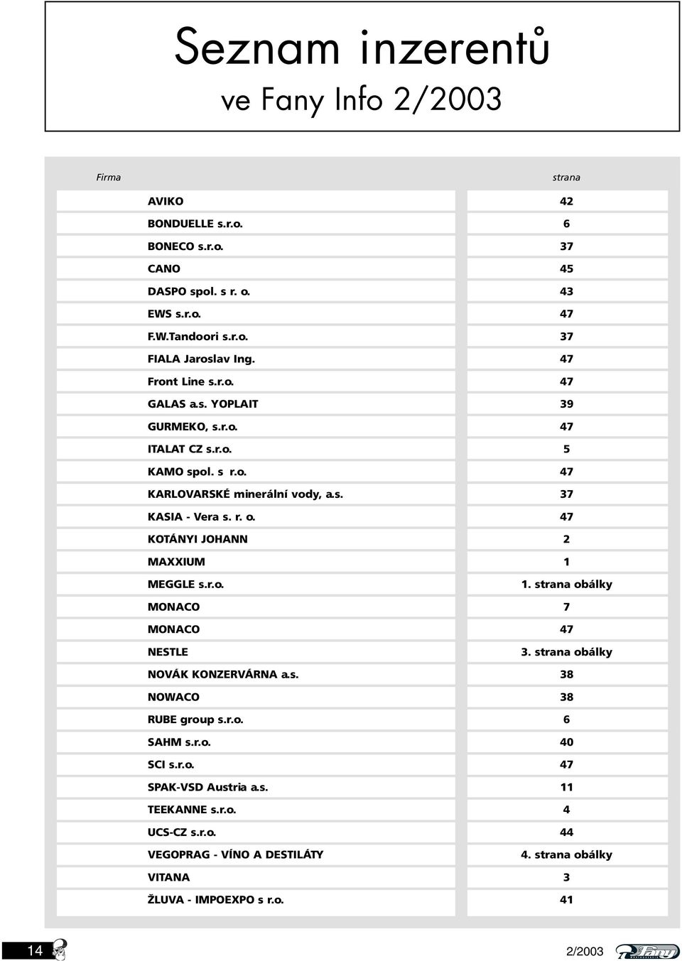 47 KOTÁNYI JOHANN 2 MAXXIUM 1 MEGGLE s.r.o. 1. strana obálky MONACO 7 MONACO 47 NESTLE 3. strana obálky NOVÁK KONZERVÁRNA a.s. 38 NOWACO 38 RUBE group s.r.o. 6 SAHM s.r.o. 40 SCI s.