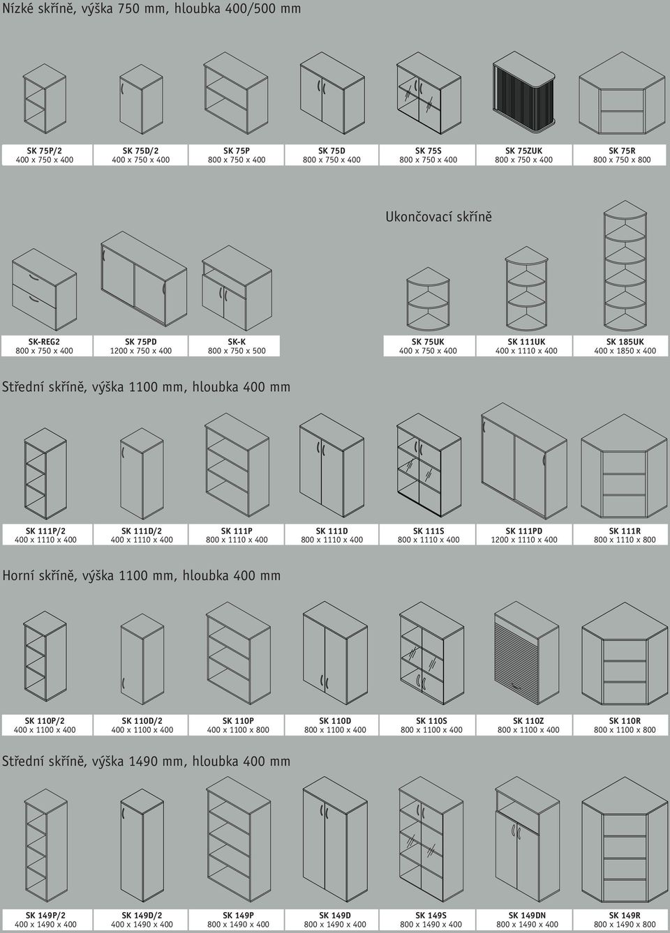 výška 1100 mm, hloubka 400 mm SK 111P/2 400 x 1110 x 400 SK 111D/2 400 x 1110 x 400 SK 111P 800 x 1110 x 400 SK 111D 800 x 1110 x 400 SK 111S 800 x 1110 x 400 SK 111PD 1200 x 1110 x 400 SK 111R 800 x