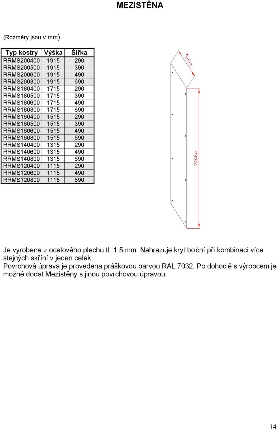 RRMS140800 1315 690 RRMS120400 1115 290 RRMS120600 1115 490 RRMS120800 1115 690 Je vyrobena z ocelového plechu tl. 1.5 mm.