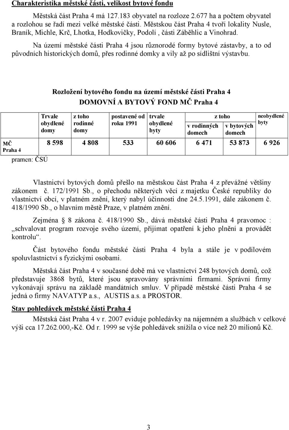 Na území městské části Praha 4 jsou různorodé formy bytové zástavby, a to od původních historických domů, přes rodinné domky a vily až po sídlištní výstavbu.