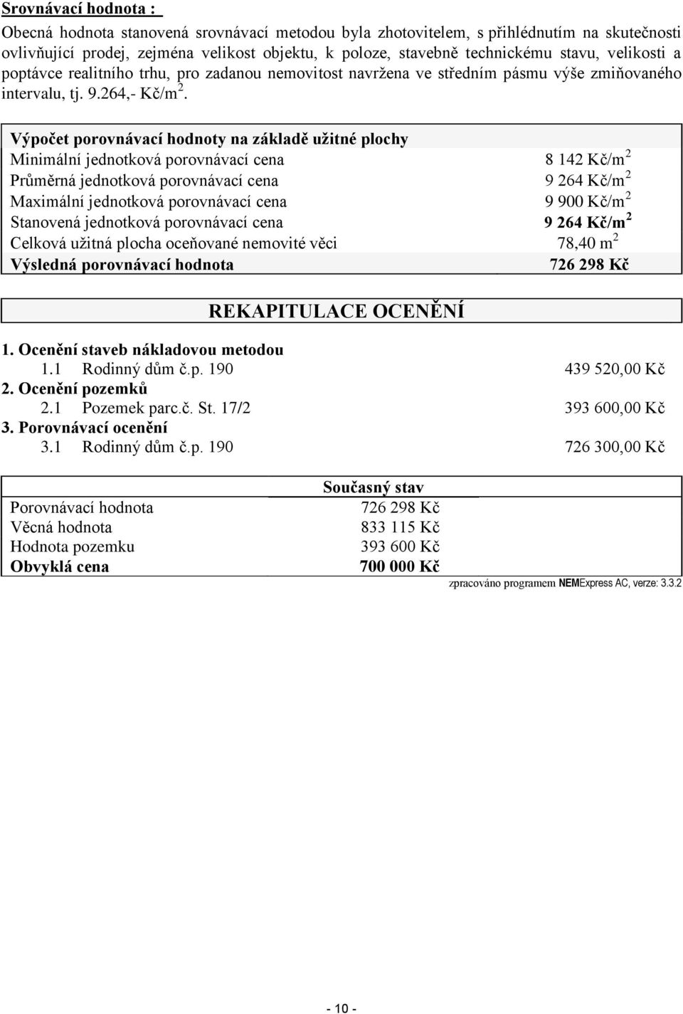 Výpočet porovnávací hodnoty na základě užitné plochy Minimální jednotková porovnávací cena 8 142 Kč/m 2 Průměrná jednotková porovnávací cena 9 264 Kč/m 2 Maximální jednotková porovnávací cena 9 900