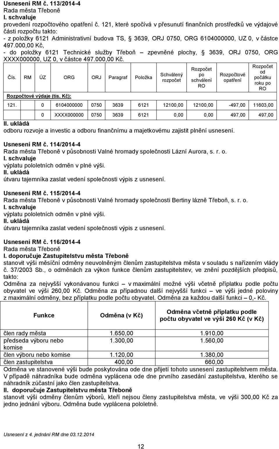 000,00 Kč, - do položky 6121 Technické služby Třeboň zpevněné plochy, 3639, ORJ 0750, ORG XXXX000000, UZ 0, v částce 497.000,00 Kč. Čís. RM ÚZ ORG ORJ Paragraf Položka Rozpočtové výdaje (tis.