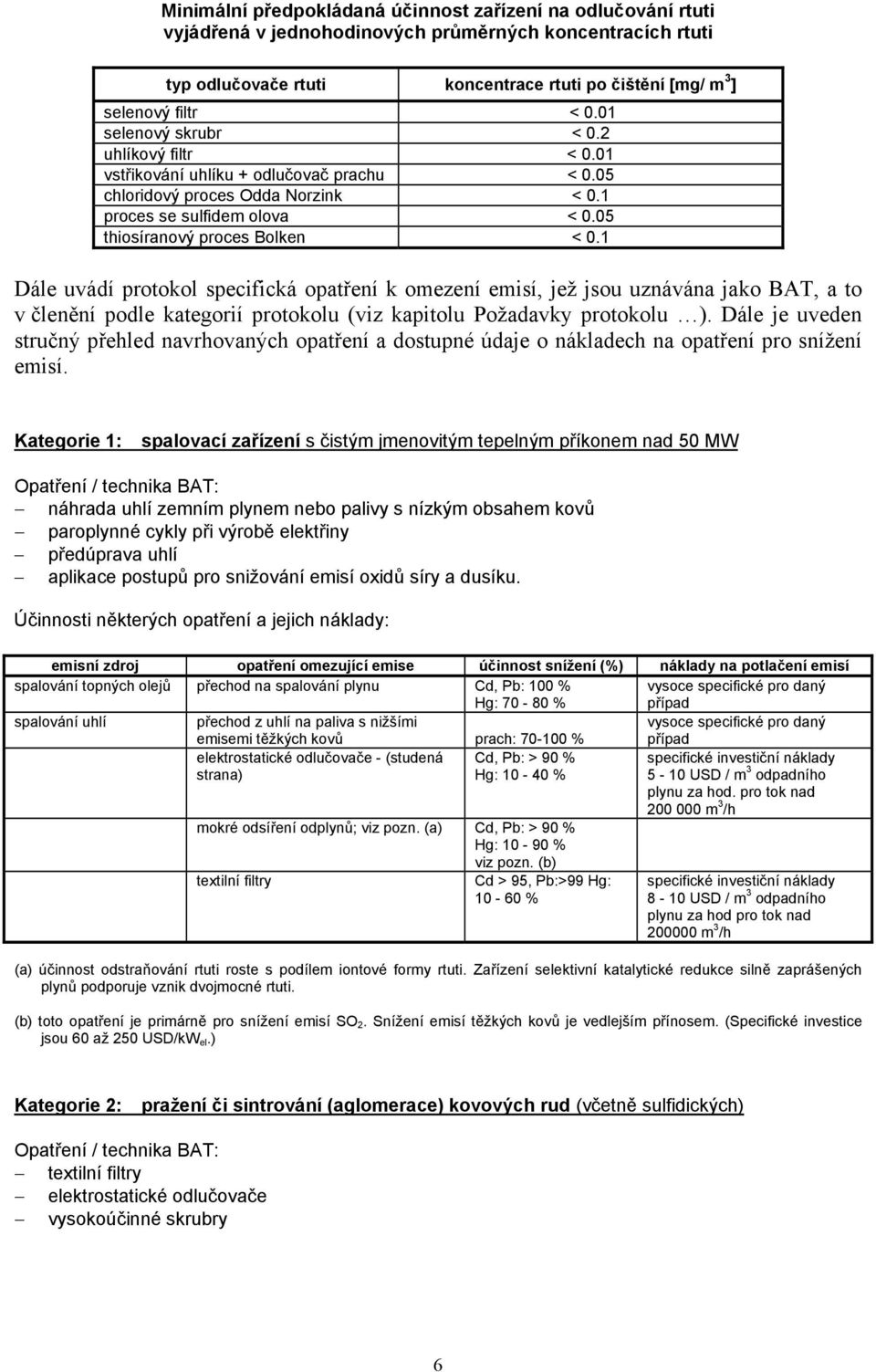 1 Dále uvádí protokol specifická opatření k omezení emisí, jež jsou uznávána jako BAT, a to v členění podle kategorií protokolu (viz kapitolu Požadavky protokolu ).