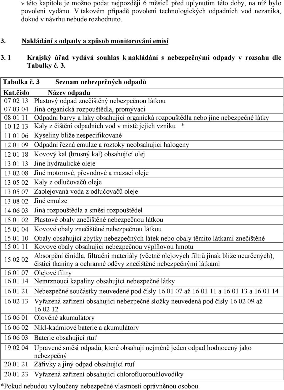 1 Krajský úřad vydává souhlas k nakládání s nebezpečnými odpady v rozsahu dle Tabulky č. 3. Tabulka č. 3 Seznam nebezpečných odpadů Kat.