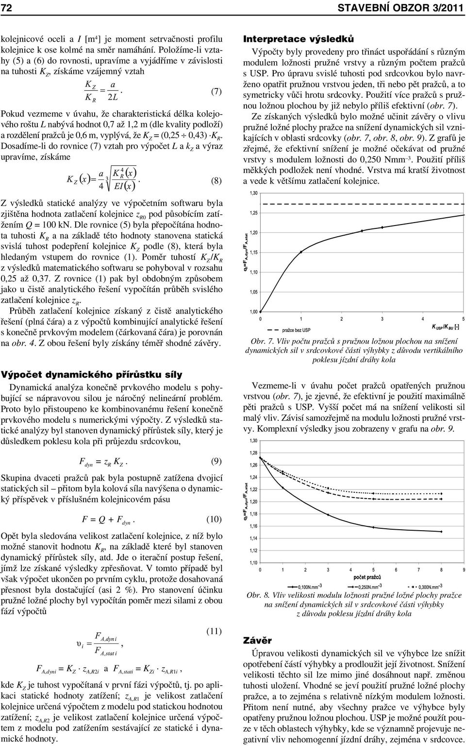 0,7 až 1,2 m (dle kvality podloží) a rozdělení pražců je 0,6 m, vyplývá, že K Z = (0,25 0,43) K R.