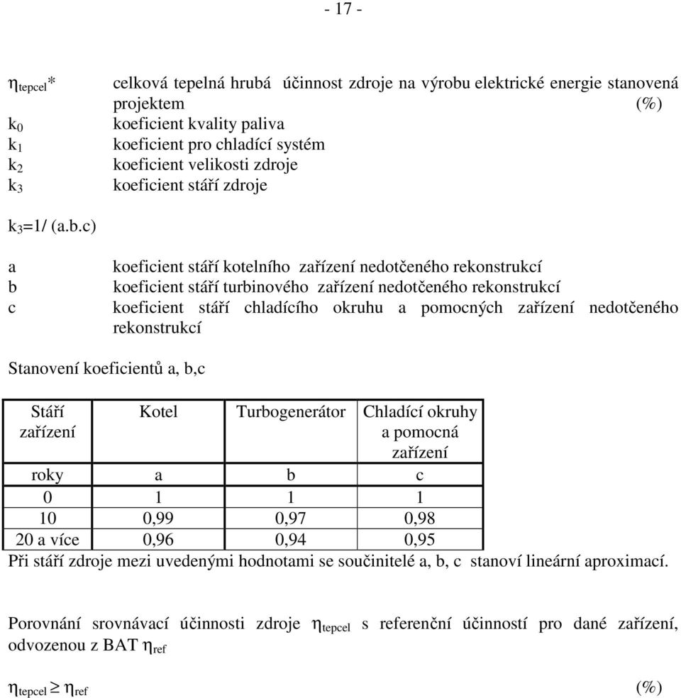 c) a b c koeficient stáří kotelního zařízení nedotčeného rekonstrukcí koeficient stáří turbinového zařízení nedotčeného rekonstrukcí koeficient stáří chladícího okruhu a pomocných zařízení