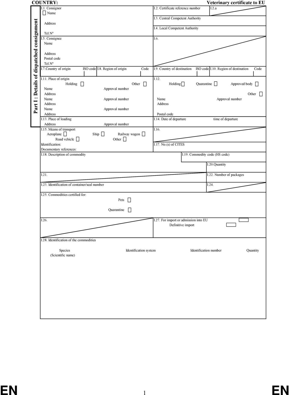 Holding Other Holding Quarantine Approved body Other Postal code I.13. Place of loading I.14. Date of departure time of departure I.15. Means of transpt I.16.