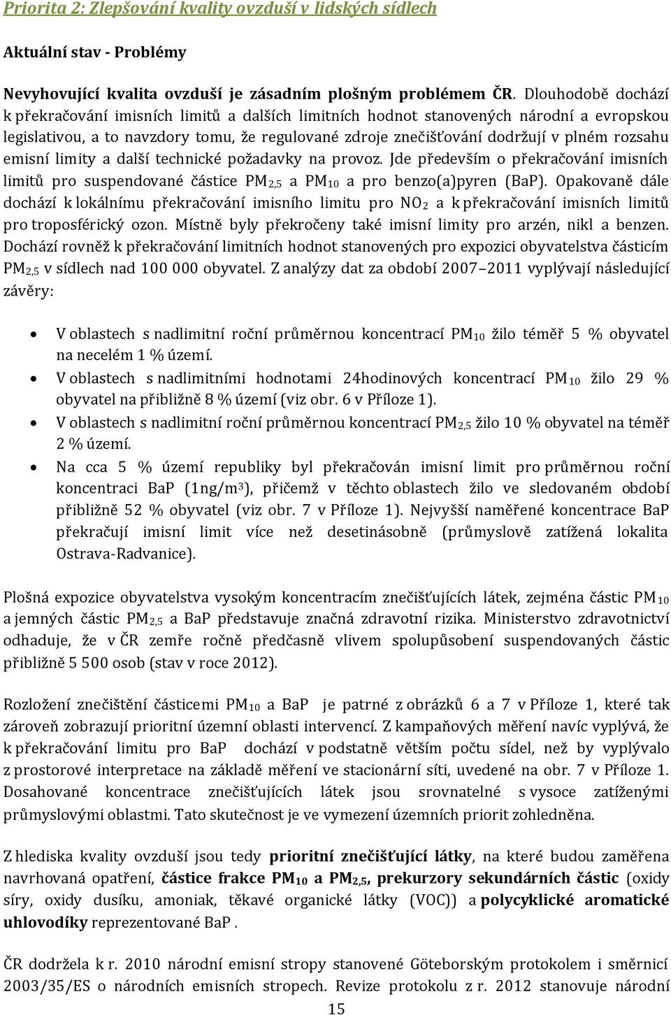 rozsahu emisní limity a další technické požadavky na provoz. Jde především o překračování imisních limitů pro suspendované částice PM 2,5 a PM 10 a pro benzo(a)pyren (BaP).