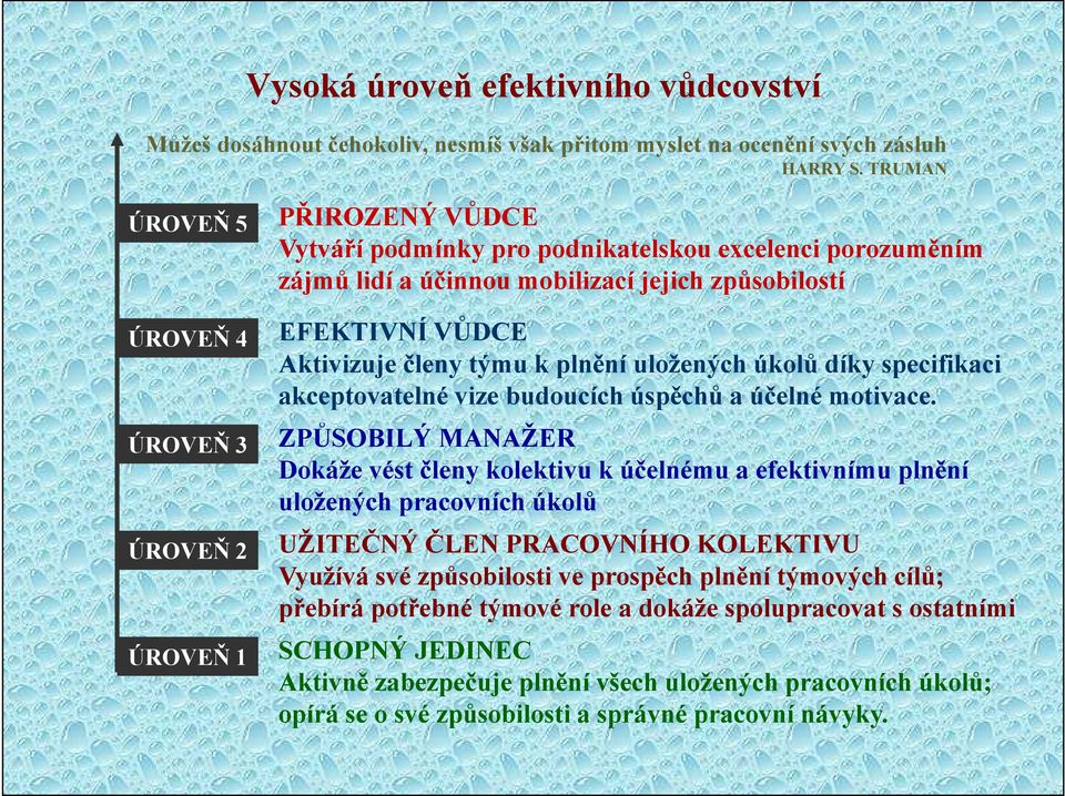 Aktivizuje členy týmu k plnění uložených úkolů díky specifikaci akceptovatelné vize budoucích úspěchů a účelné motivace.