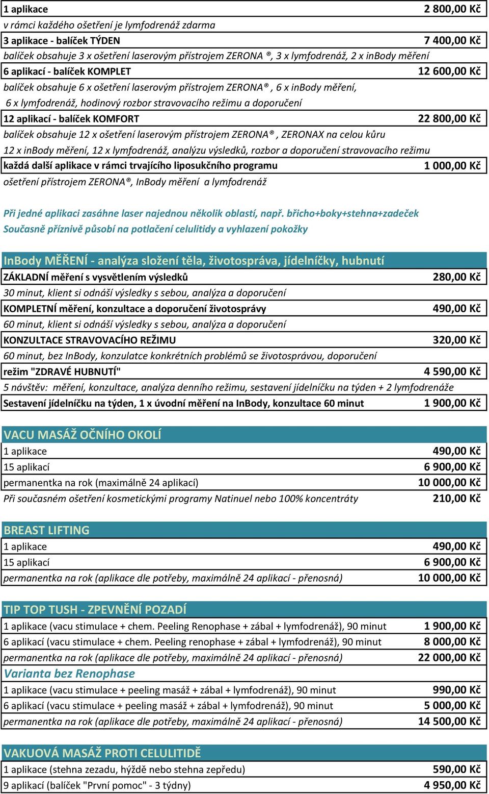 balíček KOMFORT 22 balíček obsahuje 12 x ošetření laserovým přístrojem ZERONA, ZERONAX na celou kůru 12 x inbody měření, 12 x lymfodrenáž, analýzu výsledků, rozbor a doporučení stravovacího režimu