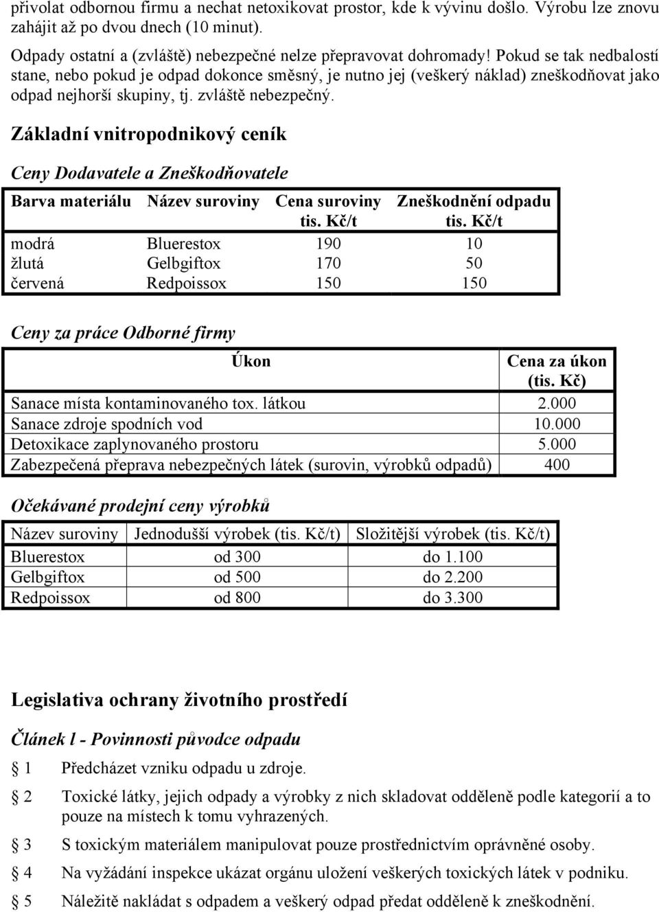 Základní vnitropodnikový ceník Ceny Dodavatele a Zneškodňovatele Barva materiálu Název suroviny Cena suroviny tis. Kč/t Zneškodnění odpadu tis.