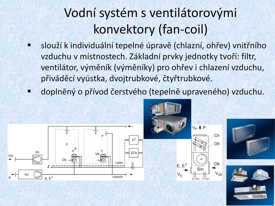 Základní prvky jednotky tvoří: filtr, ventilátor, výměník (výměníky) pro ohřev i