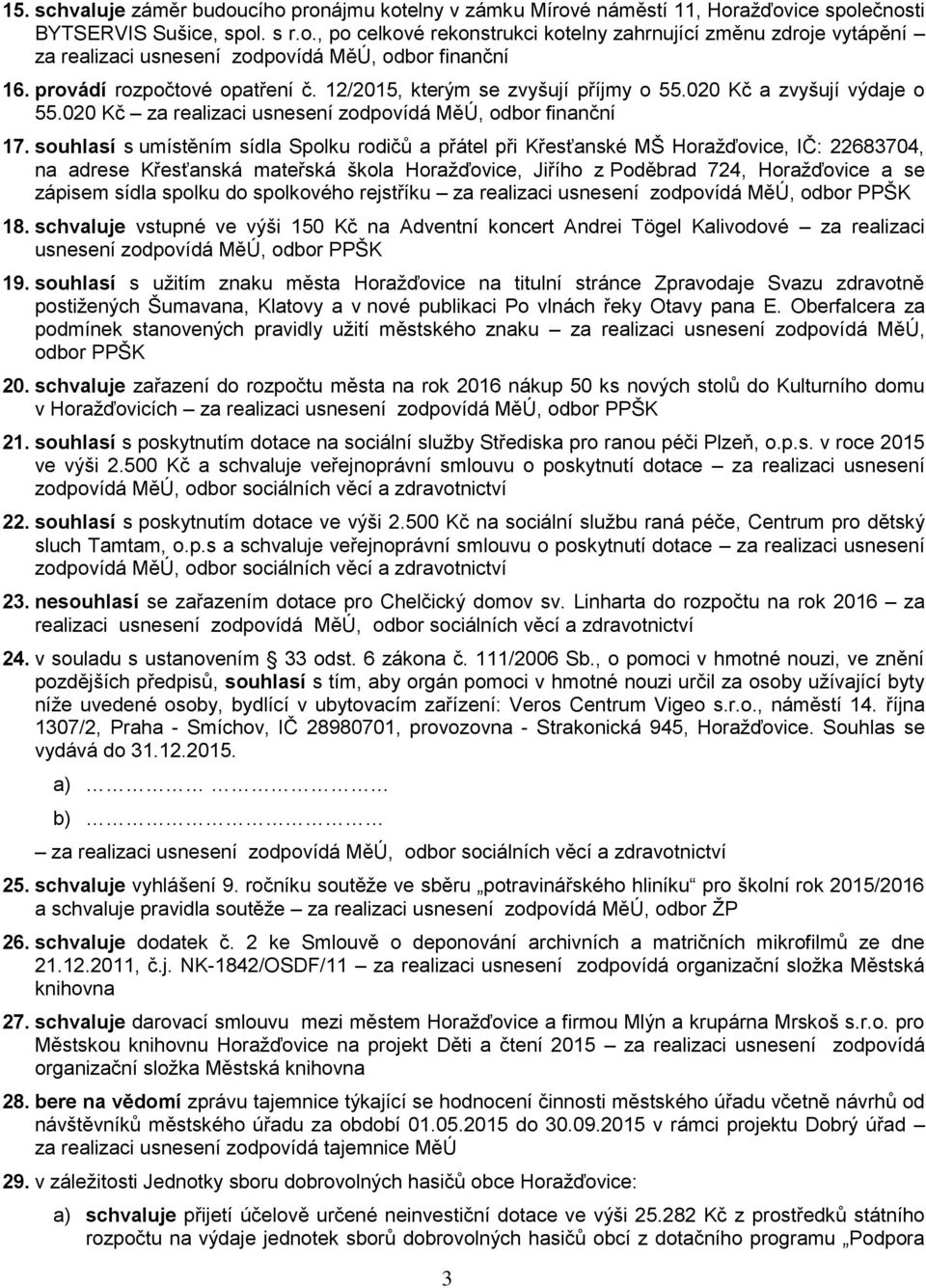 souhlasí s umístěním sídla Spolku rodičů a přátel při Křesťanské MŠ Horažďovice, IČ: 22683704, na adrese Křesťanská mateřská škola Horažďovice, Jiřího z Poděbrad 724, Horažďovice a se zápisem sídla