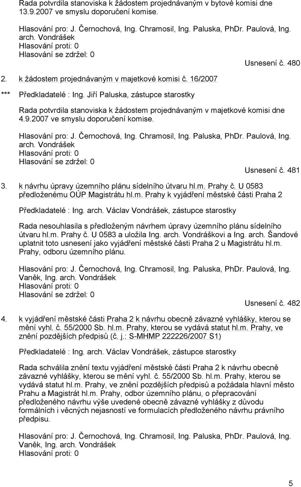 Jiří Paluska, zástupce starostky Rada potvrdila stanoviska k žádostem projednávaným v majetkové komisi dne 4.9.2007 ve smyslu doporučení komise. Hlasování pro: J. Černochová, Ing. Chramosil, Ing.