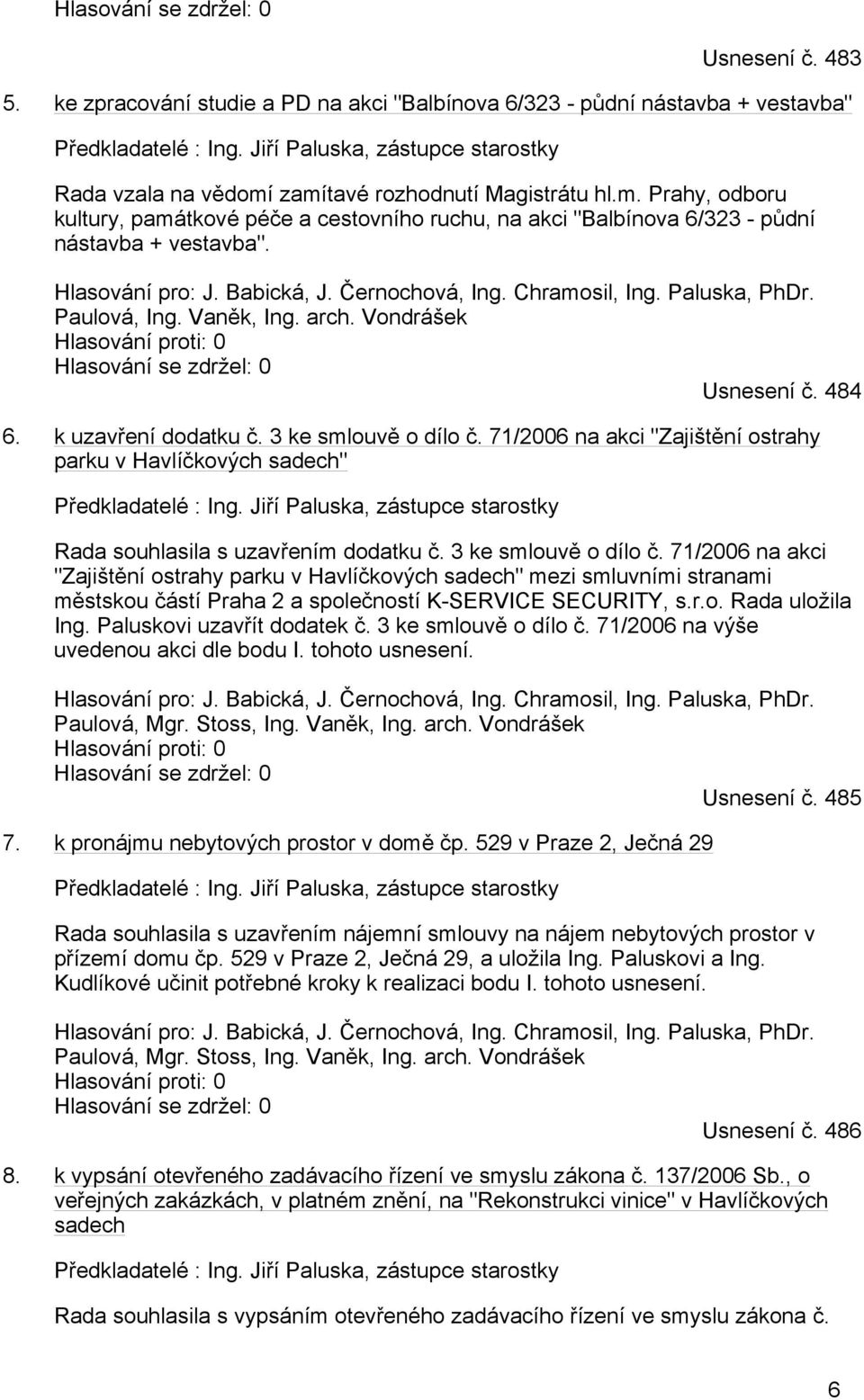 Hlasování pro: J. Babická, J. Černochová, Ing. Chramosil, Ing. Paluska, PhDr. Paulová, Ing. Vaněk, Ing. arch. Vondrášek Hlasování se zdržel: 0 Usnesení č. 484 6. k uzavření dodatku č.