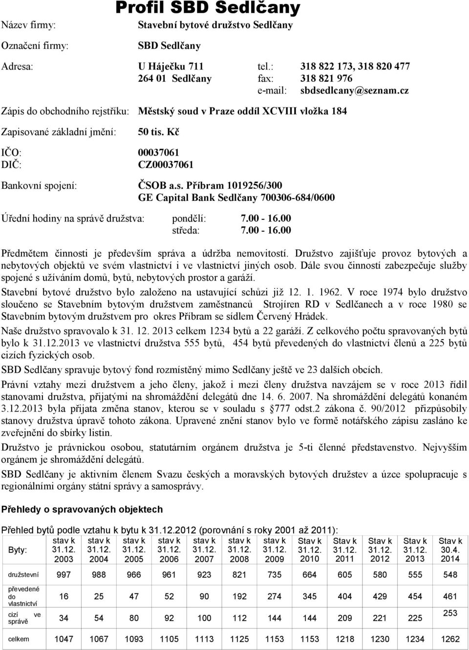 Kč IČO: 3761 DIČ: CZ3761 Bankovní spojení: ČSOB a.s. Příbram 119256/3 GE Capital Bank Sedlčany 736-684/6 Úřední hodiny na správě družstva: pondělí: 7. - 16.