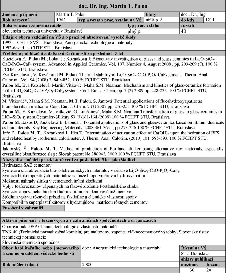 40 Údaje o oboru vzdělání na VŠ a o praxi od absolvování vysoké školy 1992 CHTF SVŠT, Bratislava, Anorganická technologie a materiály 1992-dosud CHTF STU, Bratislava Přehled o publikační a další