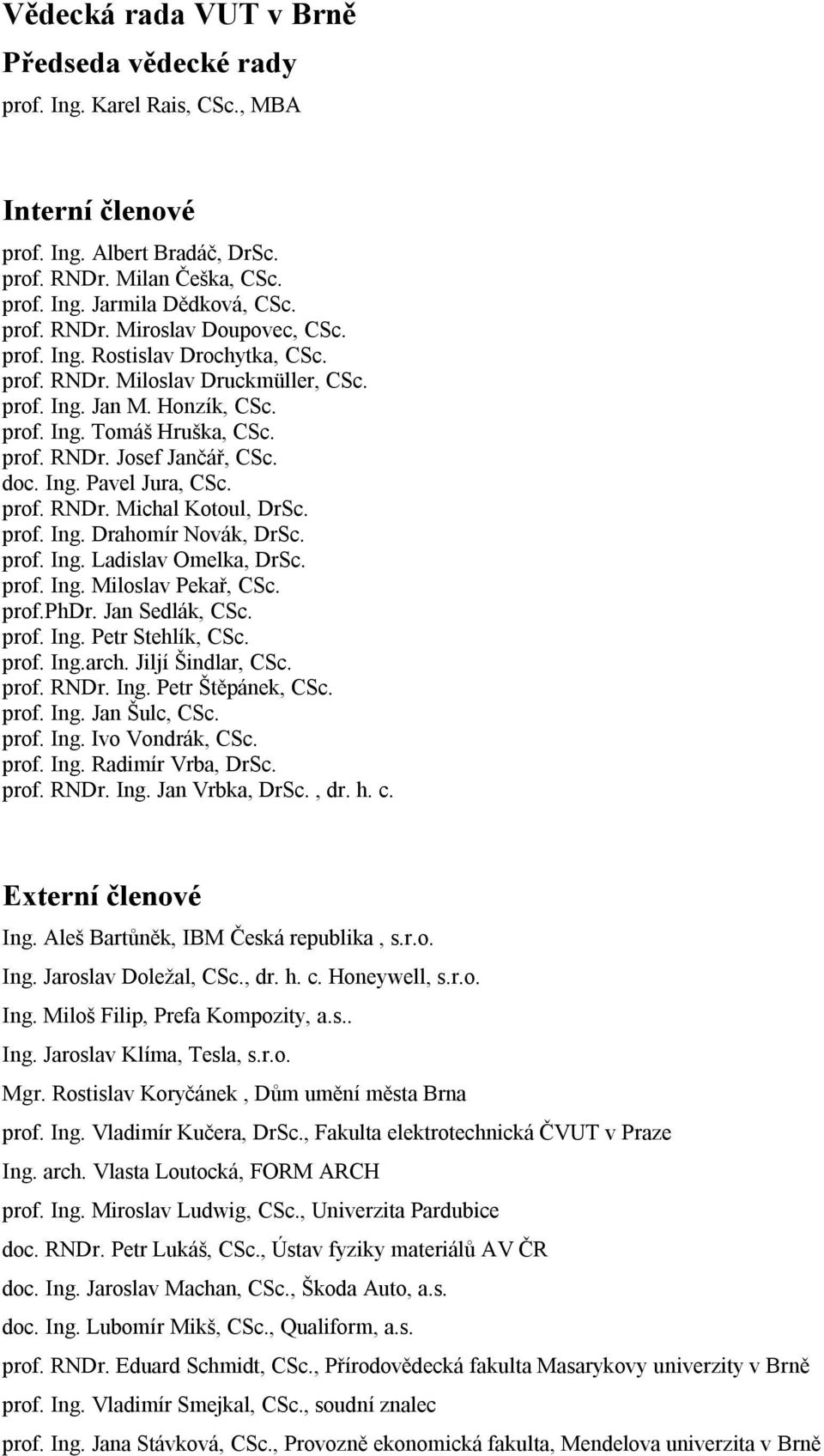 prof. Ing. Drahomír Novák, DrSc. prof. Ing. Ladislav Omelka, DrSc. prof. Ing. Miloslav Pekař, CSc. prof.phdr. Jan Sedlák, CSc. prof. Ing. Petr Stehlík, CSc. prof. Ing.arch. Jiljí Šindlar, CSc. prof. RNDr.