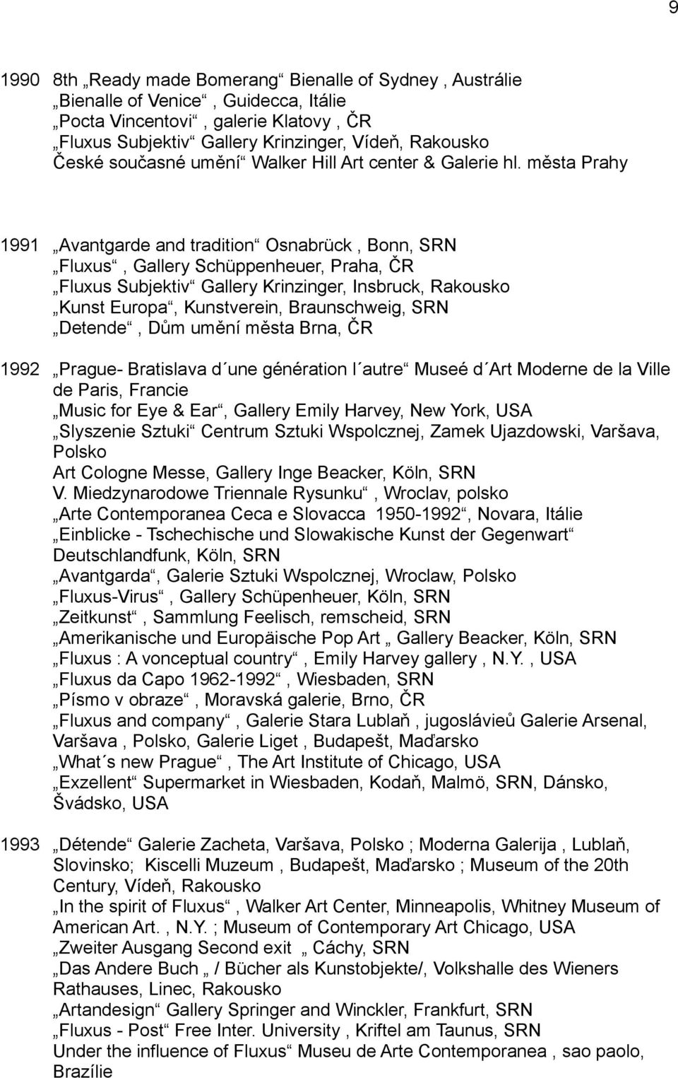 města Prahy 1991 Avantgarde and tradition Osnabrück, Bonn, SRN Fluxus, Gallery Schüppenheuer, Praha, ČR Fluxus Subjektiv Gallery Krinzinger, Insbruck, Rakousko Kunst Europa, Kunstverein,