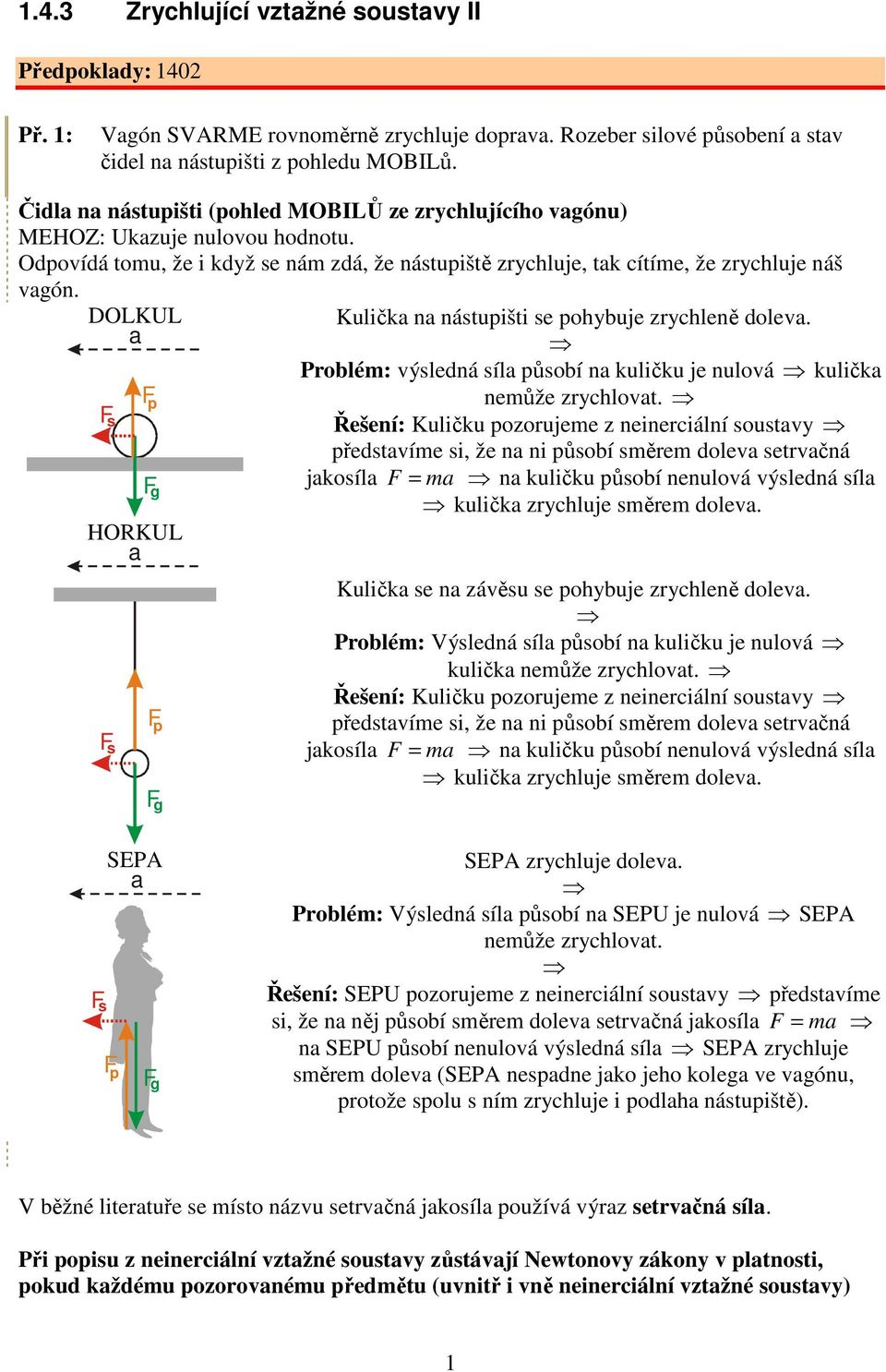 Problém: výledná íla ůobí na kuličku je nulová kulička nemůže zrychlovat Řešení: Kuličku ozorujeme z neinerciální outavy ředtavíme i, že na ni ůobí měrem doleva etrvačná jakoíla = ma na kuličku ůobí