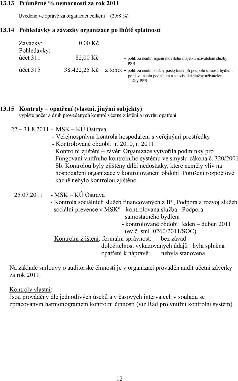 15 Kontroly opatření (vlastní, jinými subjekty) vypište počet a druh provedených kontrol včetně zjištění a návrhu opatření 22. 31.8.