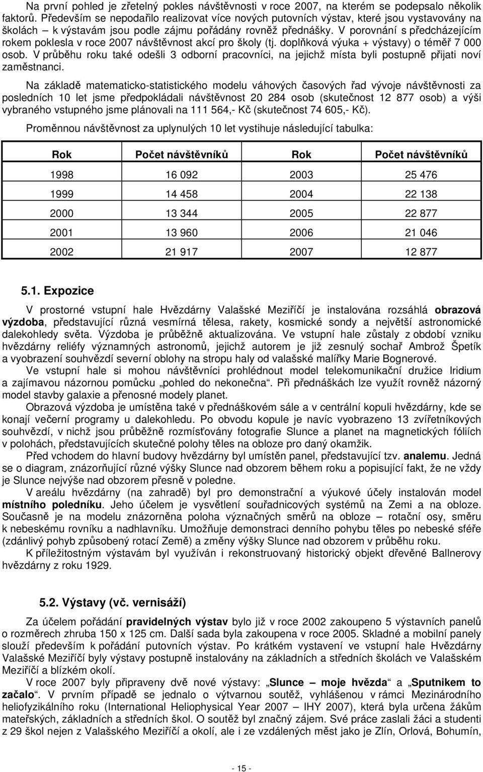 V porovnání s předcházejícím rokem poklesla v roce 2007 návštěvnost akcí pro školy (tj. doplňková výuka + výstavy) o téměř 7 000 osob.