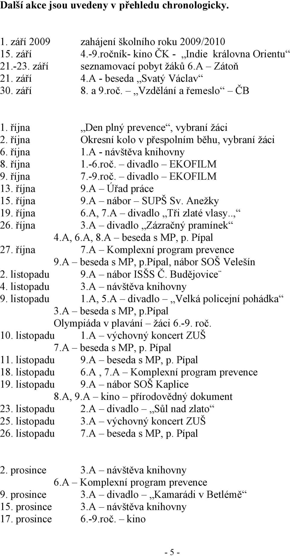 A - návštěva knihovny 8. října 1.-6.roč. divadlo EKOFILM 9. října 7.-9.roč. divadlo EKOFILM 13. října 9.A Úřad práce 15. října 9.A nábor SUPŠ Sv. Anežky 19. října 6.A, 7.A divadlo Tři zlaté vlasy.