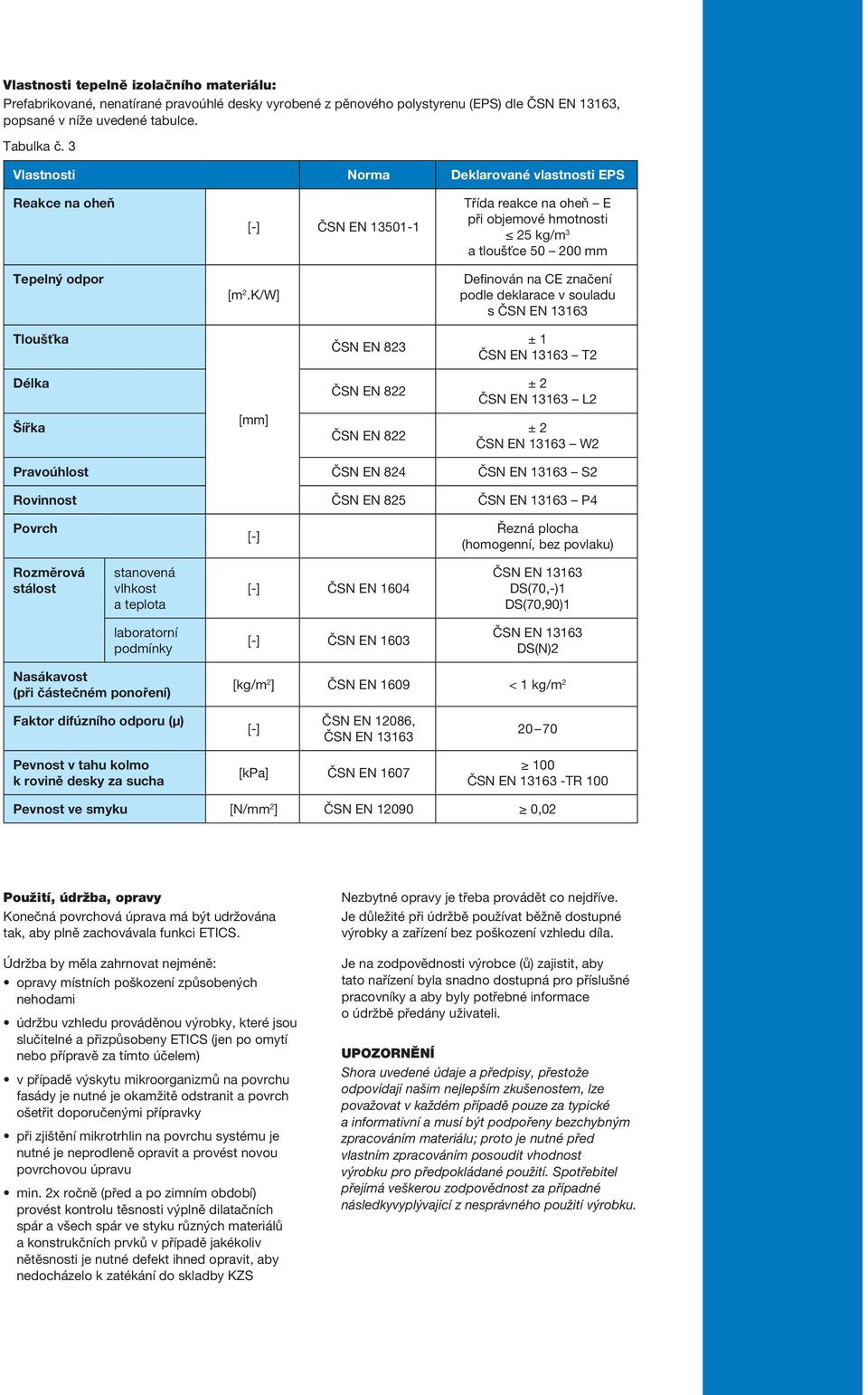 K/W] ČSN EN 823 Třída reakce na oheň E při objemové hmotnosti 25 kg/m 3 a tloušťce 50 200 mm Definován na CE značení podle deklarace v souladu s ČSN EN 13163 ± 1 ČSN EN 13163 T2 Délka Šířka ČSN EN