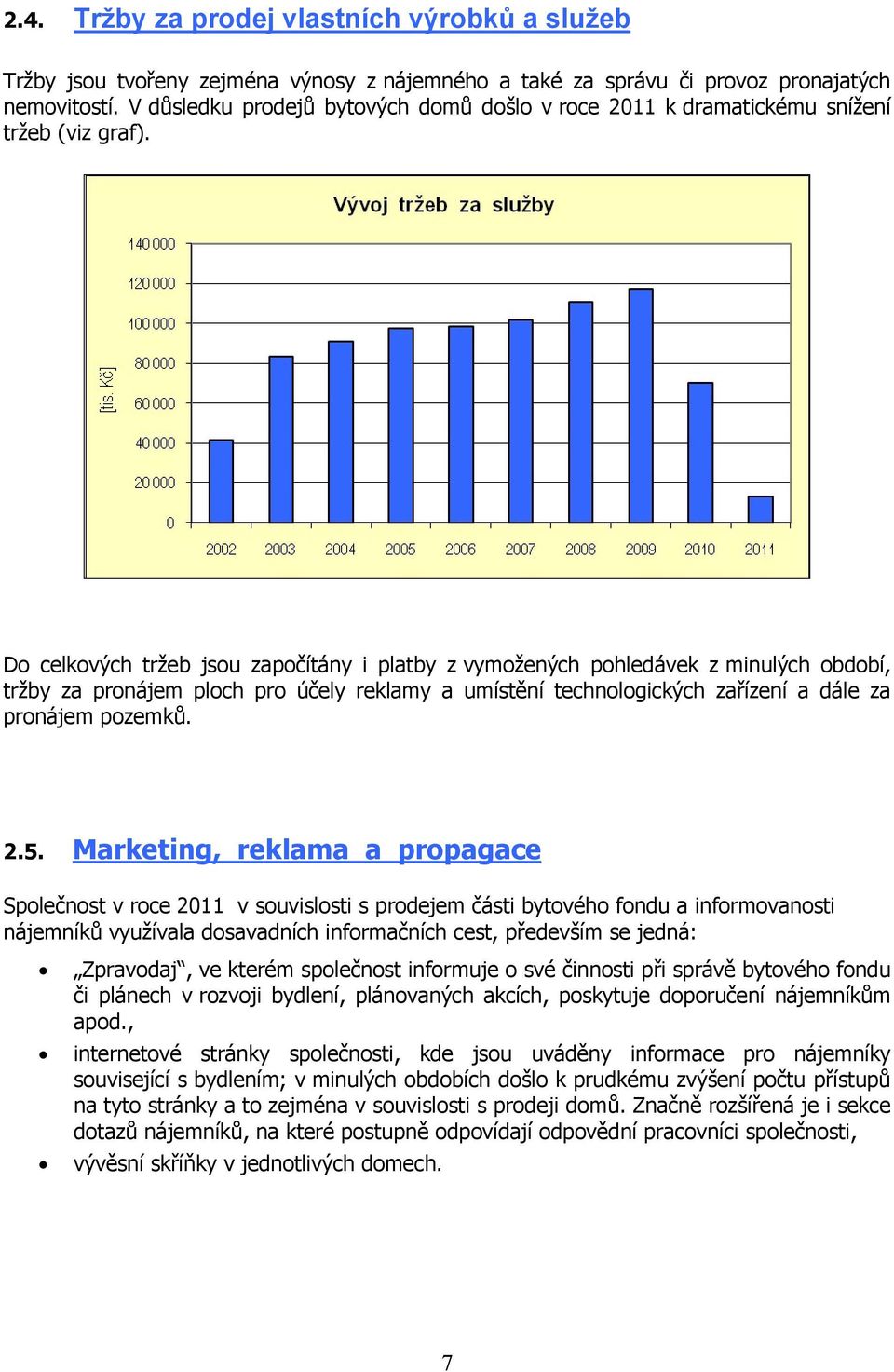 Do celkových tržeb jsou započítány i platby z vymožených pohledávek z minulých období, tržby za pronájem ploch pro účely reklamy a umístění technologických zařízení a dále za pronájem pozemků. 2.5.