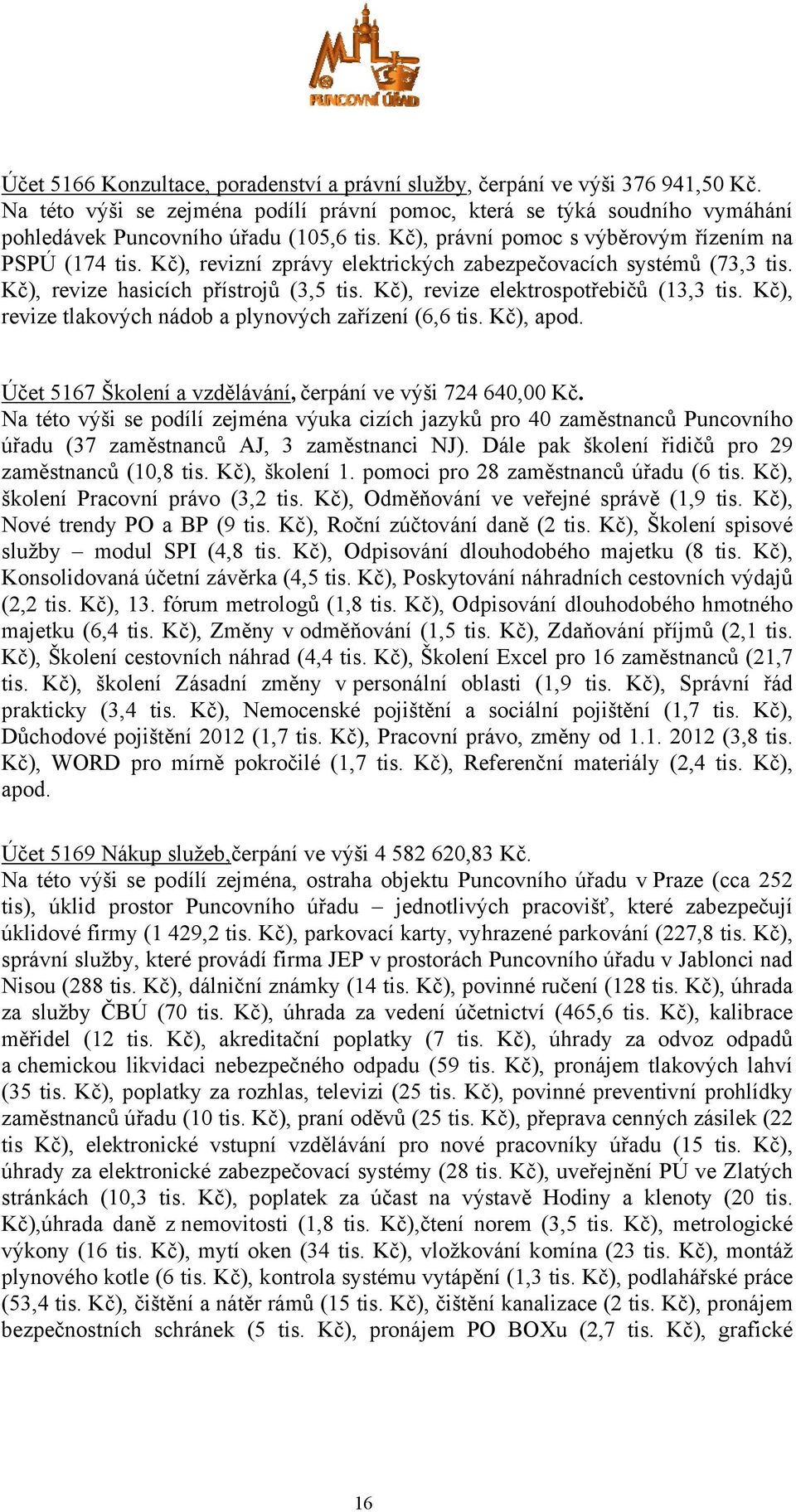 Kč), revize elektrospotřebičů (13,3 tis. Kč), revize tlakových nádob a plynových zařízení (6,6 tis. Kč), apod. Účet 5167 Školení a vzdělávání, čerpání ve výši 724 640,00 Kč.