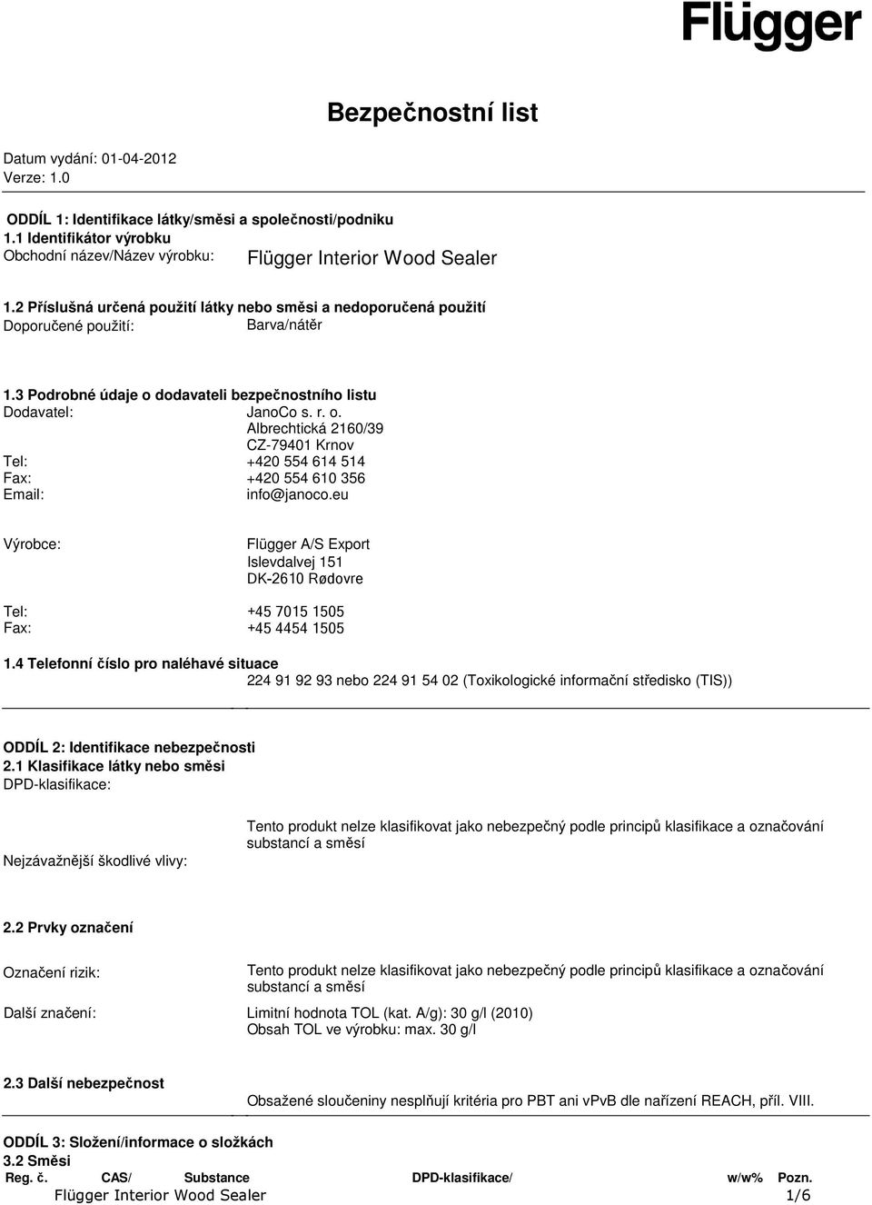 dodavateli bezpečnostního listu Dodavatel: JanoCo s. r. o. Albrechtická 2160/39 CZ79401 Krnov Tel: +420 554 614 514 Fax: +420 554 610 356 Email: info@janoco.