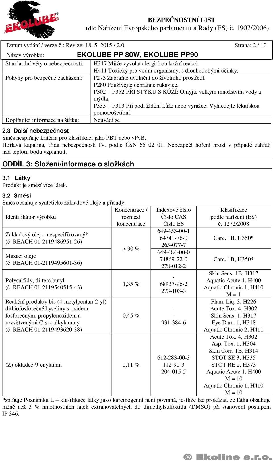 H411 Toxický pro vodní organismy, s dlouhodobými účinky. P273 Zabraňte uvolnění do životního prostředí. P280 Používejte ochranné rukavice.