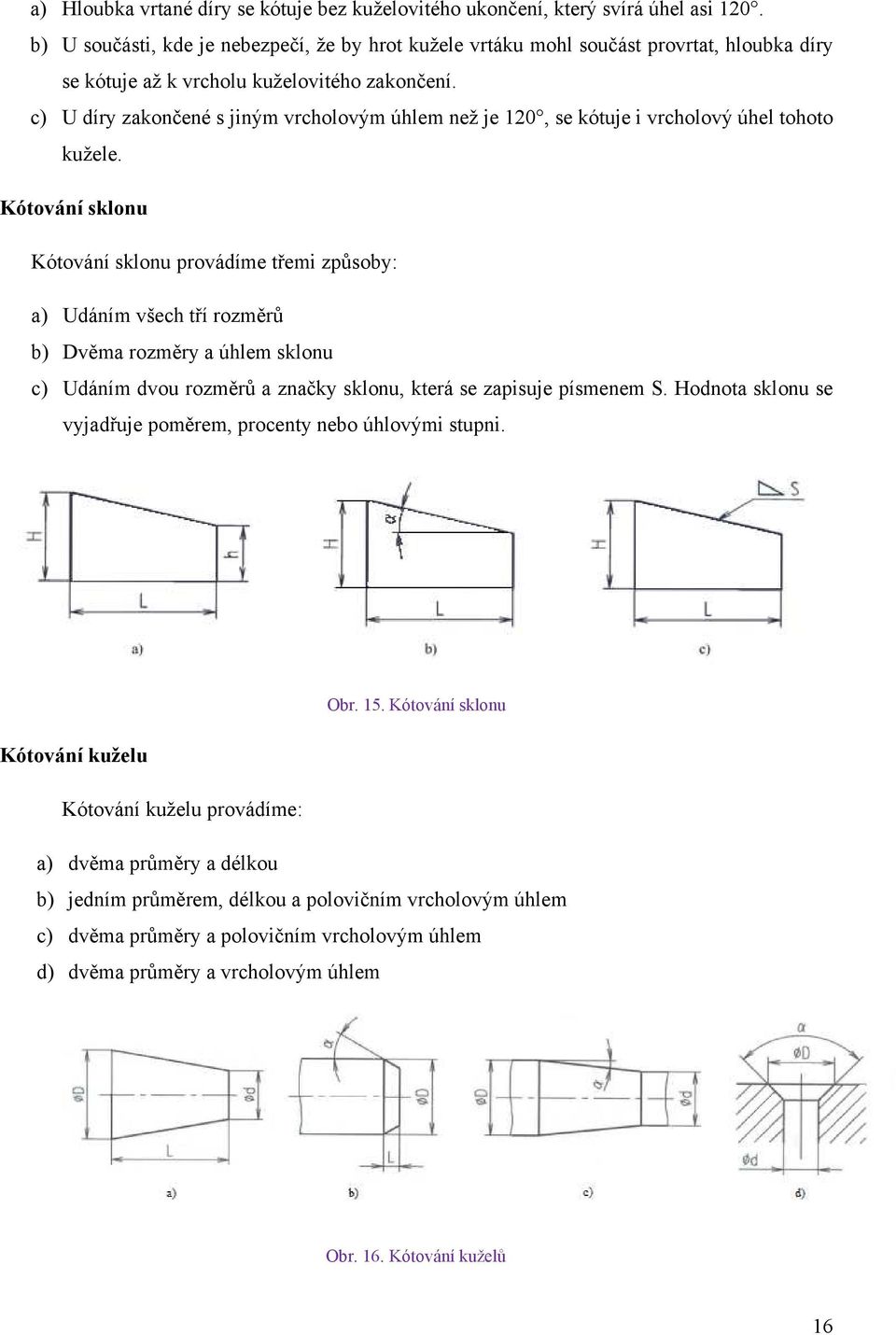 c) U díry zakončené s jiným vrcholovým úhlem než je 120, se kótuje i vrcholový úhel tohoto kužele.