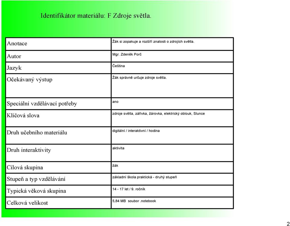 Speciální vzdělávací potřeby Klíčová slova ano zdroje světla, zářivka, žárovka, elektrický oblouk, Slunce Druh učebního materiálu