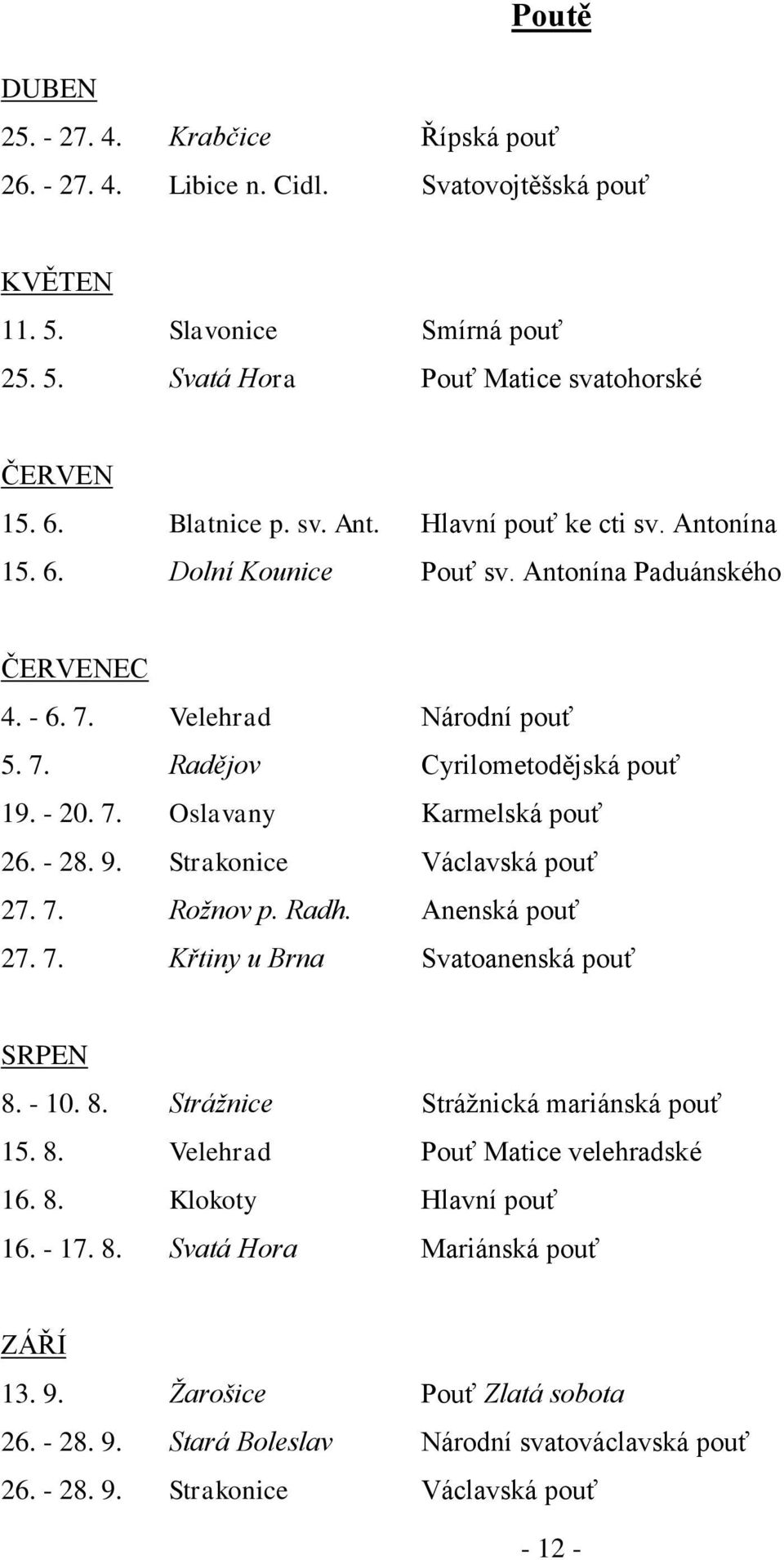 - 28. 9. Strakonice Václavská pouť 27. 7. Rožnov p. Radh. Anenská pouť 27. 7. Křtiny u Brna Svatoanenská pouť SRPEN 8. - 10. 8. Strážnice Strážnická mariánská pouť 15. 8. Velehrad Pouť Matice velehradské 16.