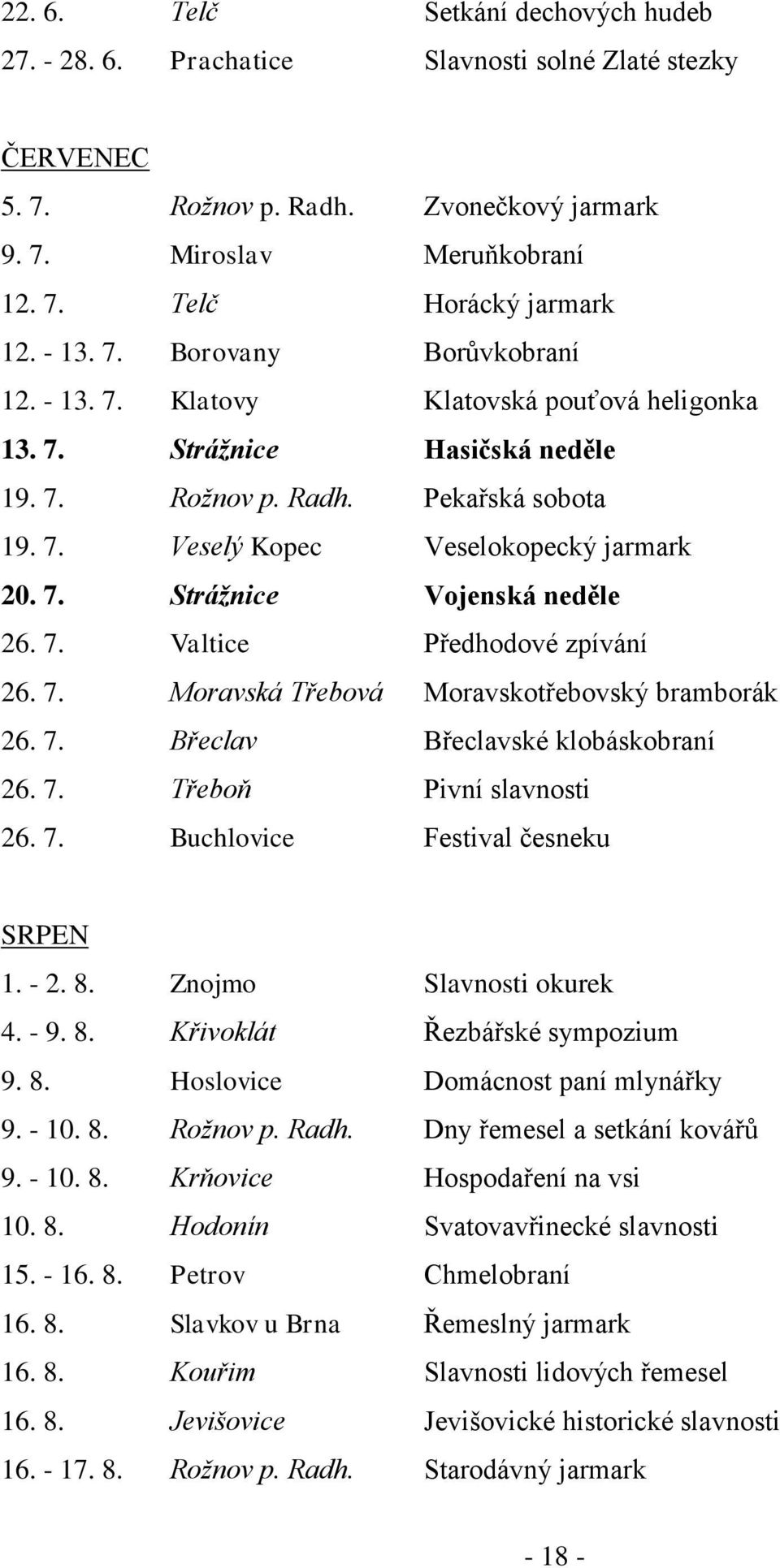 7. Valtice Předhodové zpívání 26. 7. Moravská Třebová Moravskotřebovský bramborák 26. 7. Břeclav Břeclavské klobáskobraní 26. 7. Třeboň Pivní slavnosti 26. 7. Buchlovice Festival česneku SRPEN 1. - 2.