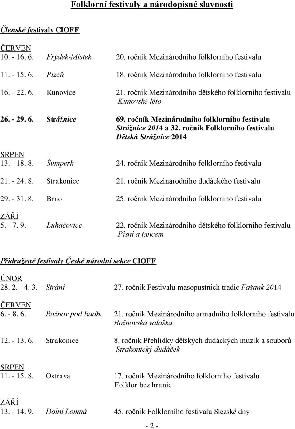 ročník Mezinárodního folklorního festivalu Strážnice 2014 a 32. ročník Folklorního festivalu Dětská Strážnice 2014 SRPEN 13. - 18. 8. Šumperk 24. ročník Mezinárodního folklorního festivalu 21. - 24.