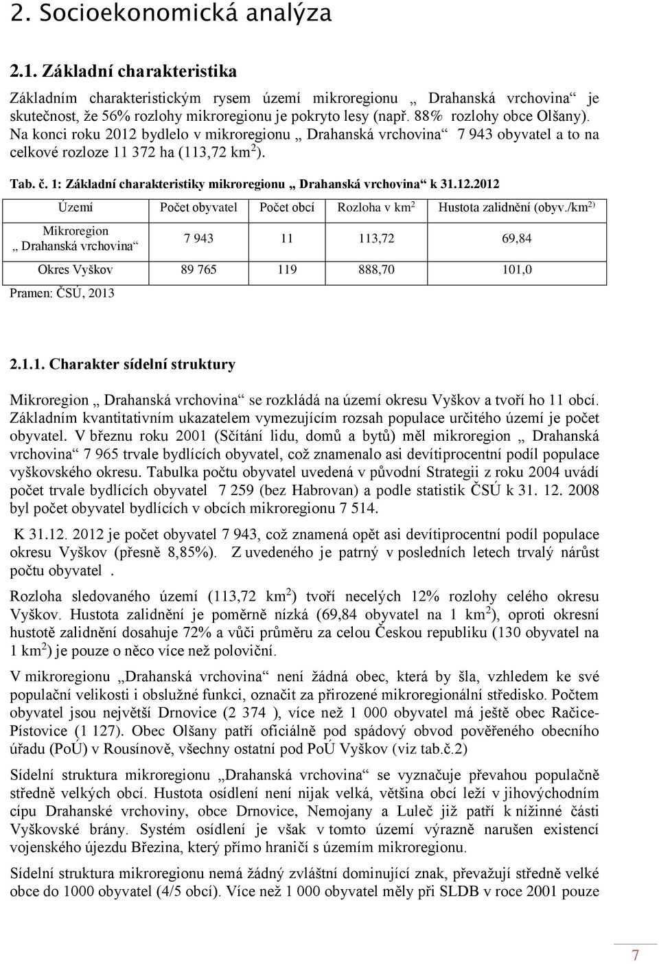 1: Základní charakteristiky mikroregionu Drahanská vrchovina k 31.12.2012 Území Počet obyvatel Počet obcí Rozloha v km 2 Hustota zalidnění (obyv.