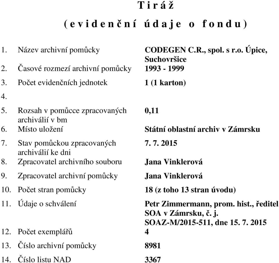 7. 2015 archiválií ke dni 8. Zpracovatel archivního souboru Jana Vinklerová 9. Zpracovatel archivní pomůcky Jana Vinklerová 10. Počet stran pomůcky 18 (z toho 13 stran úvodu) 11.