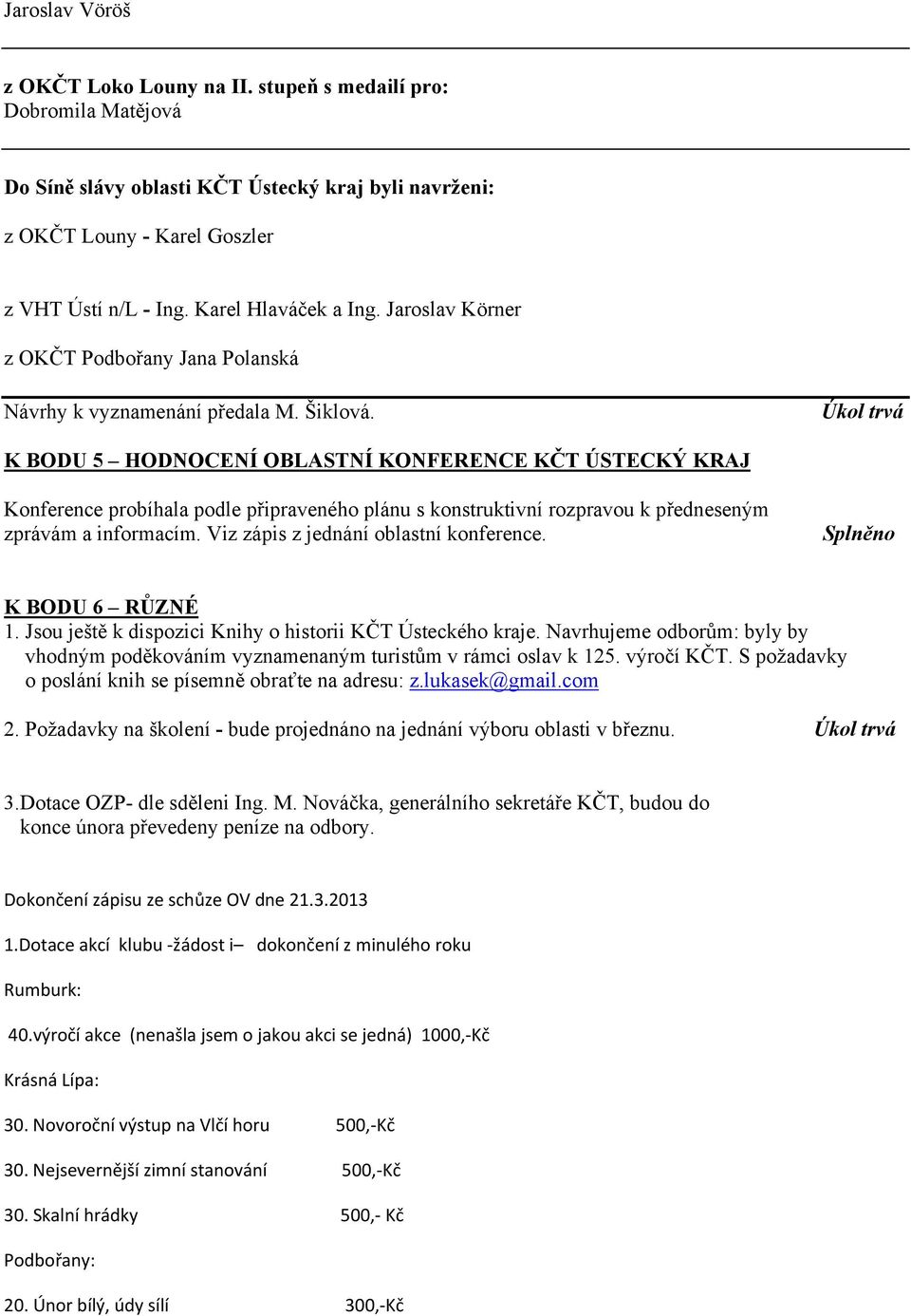 K BODU 5 HODNOCENÍ OBLASTNÍ KONFERENCE KČT ÚSTECKÝ KRAJ Konference probíhala podle připraveného plánu s konstruktivní rozpravou k předneseným zprávám a informacím.