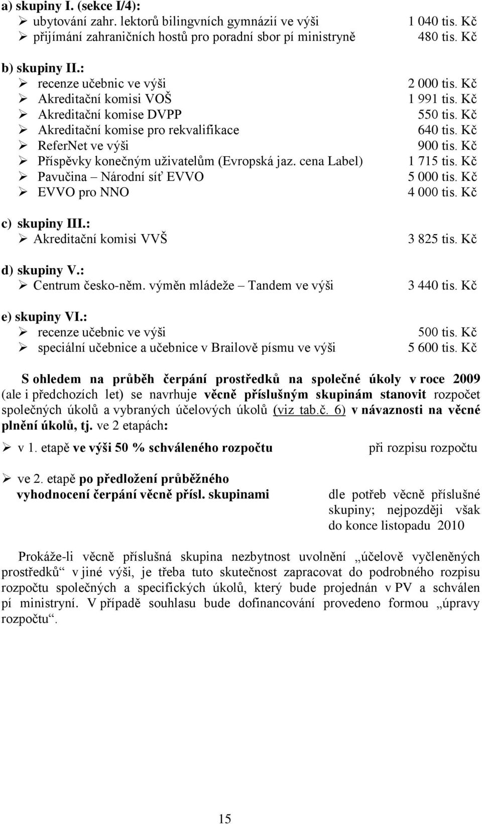 cena Label) Pavučina Národní síť EVVO EVVO pro NNO c) skupiny III.: Akreditační komisi VVŠ d) skupiny V.: Centrum česko-něm. výměn mládeže Tandem ve výši e) skupiny VI.