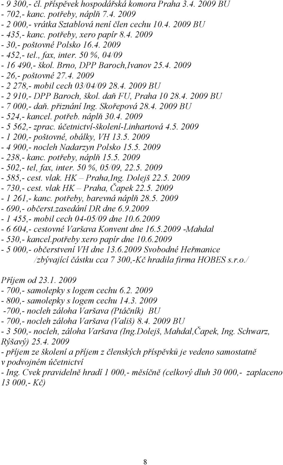 daň FU, Praha 10 28.4. 2009 BU - 7 000,- daň. přiznání Ing. Skořepová 28.4. 2009 BU - 524,- kancel. potřeb. náplň 30.4. 2009-5 562,- zprac. účetnictví-školení-linhartová 4.5. 2009-1 200,- poštovné, obálky, VH 13.