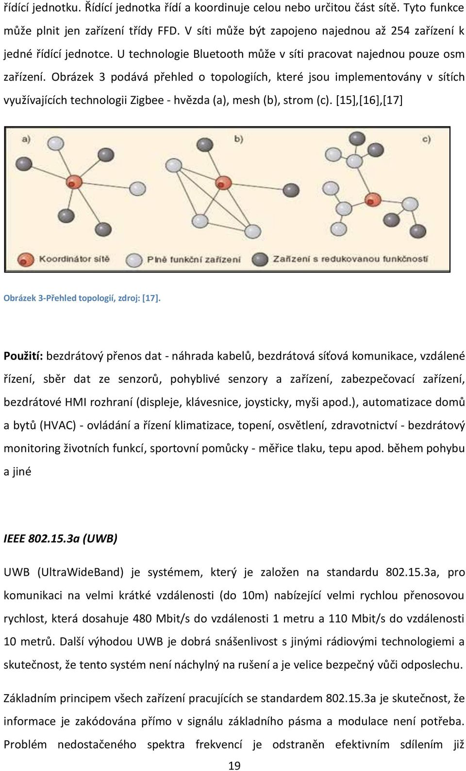 Obrázek 3 podává přehled o topologiích, které jsou implementovány v sítích využívajících technologii Zigbee - hvězda (a), mesh (b), strom (c). [15],[16],[17] Obrázek 3-Přehled topologií, zdroj: *17].