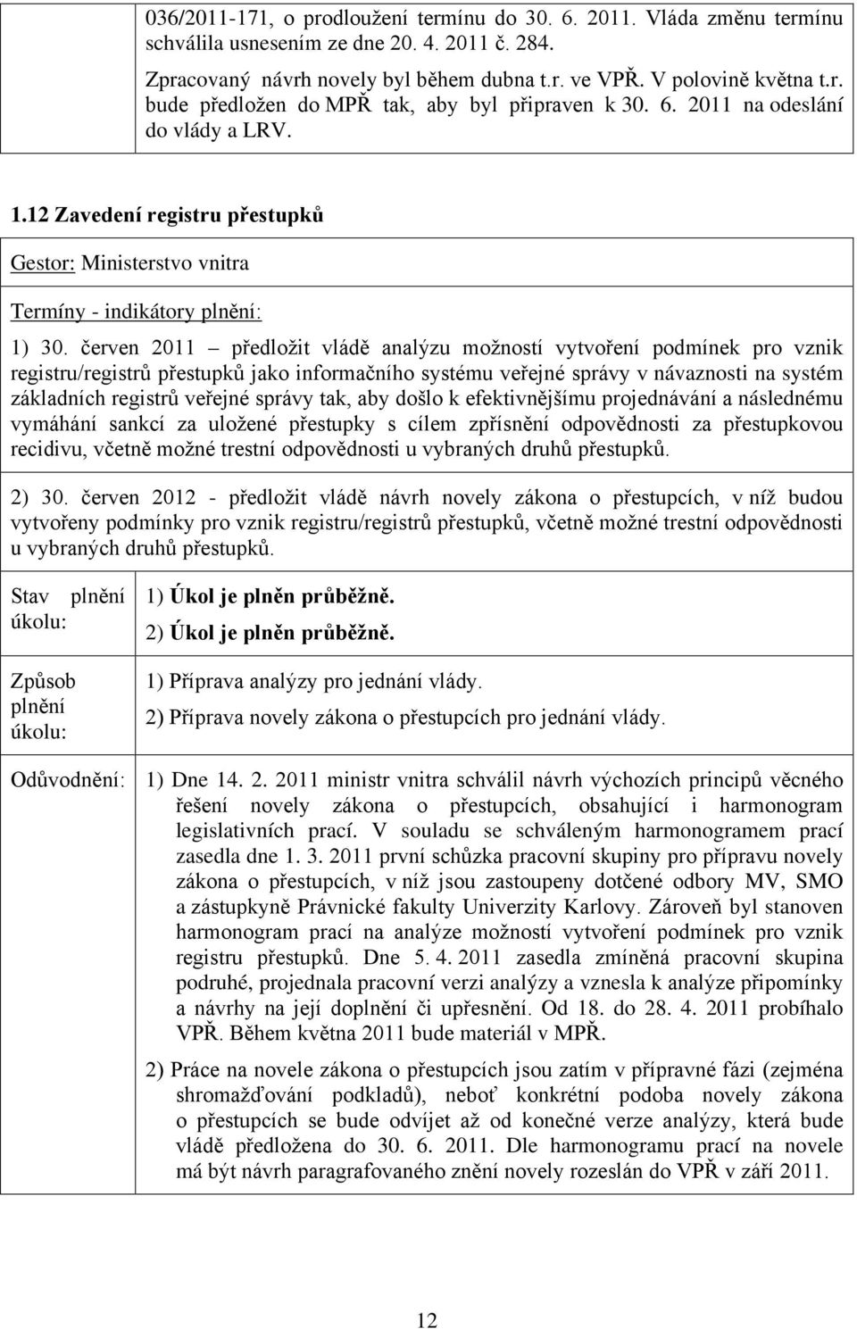 červen 2011 předložit vládě analýzu možností vytvoření podmínek pro vznik registru/registrů přestupků jako informačního systému veřejné správy v návaznosti na systém základních registrů veřejné